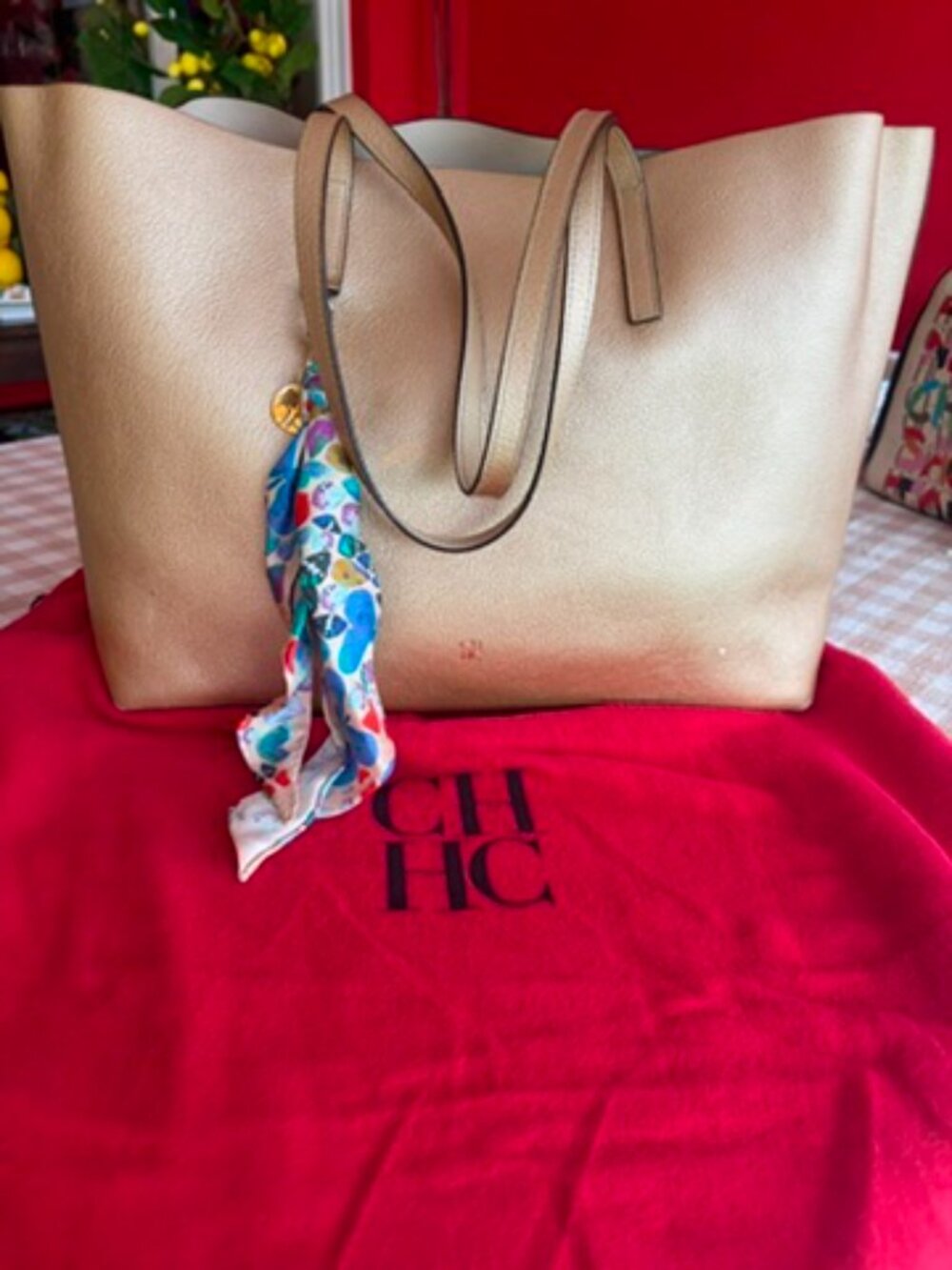 ✨ Auth Carolina Herrera Leather Tote Bag + Designer Scarf Charm ($200 Value) ✨